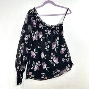 WHBM Medium One Shoulder Blouse Whimsigoth Floral Purple Black Moody Midnight